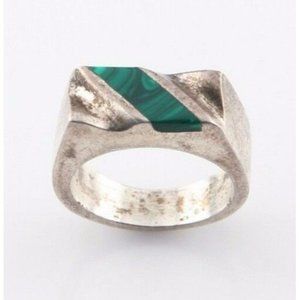 Vintage Mexican Silver Ring with Inlayed Green Malachite (Size 7)